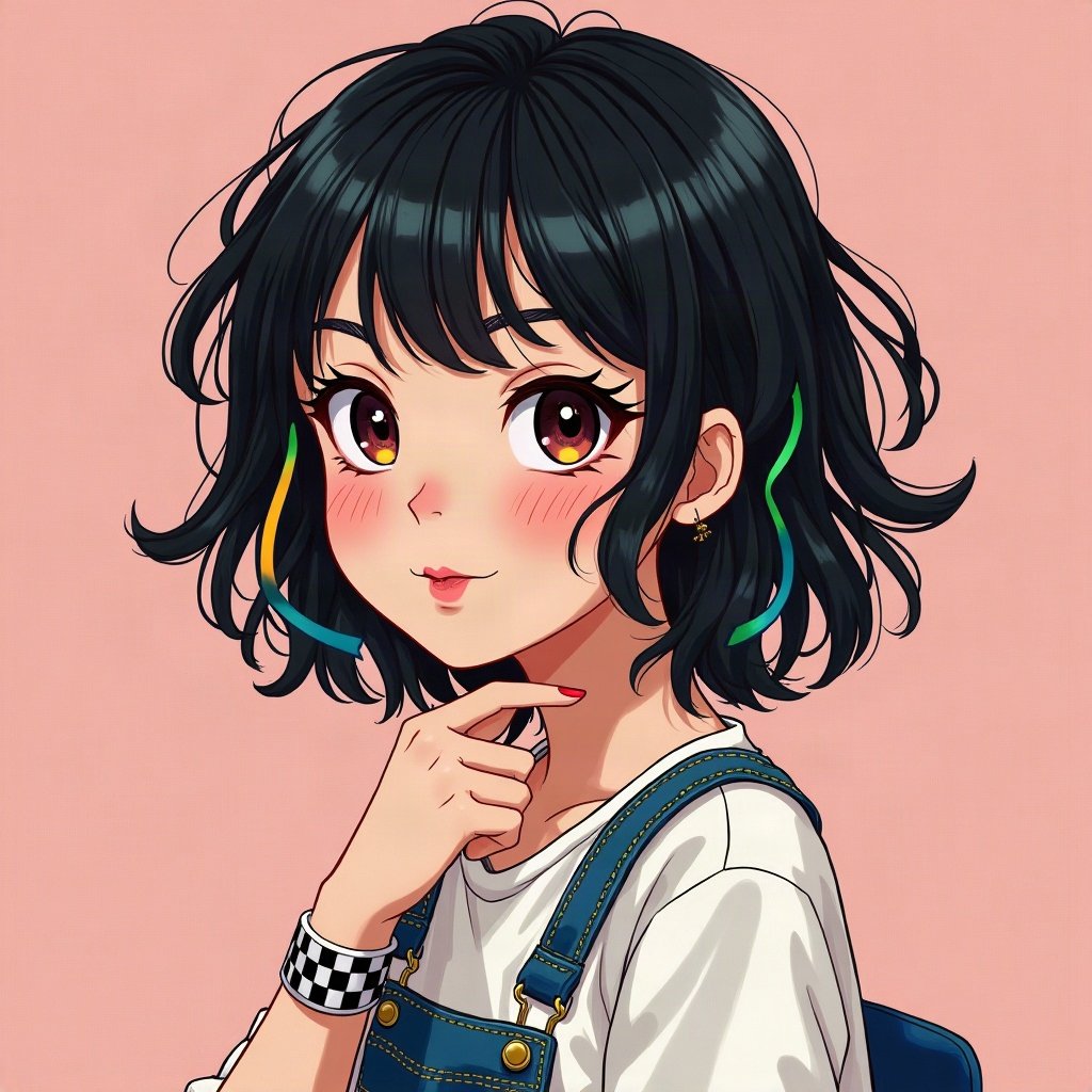 scene pfp — choppy black hair with rainbow streaks, checkered wristband visible, photo-booth strip style