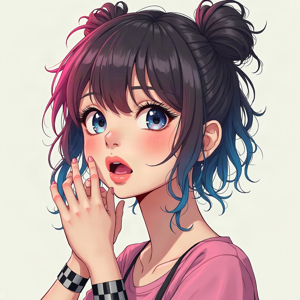 scene pfp — teased hair with pink and blue chunks, checkered wristband visible, photo-booth strip style