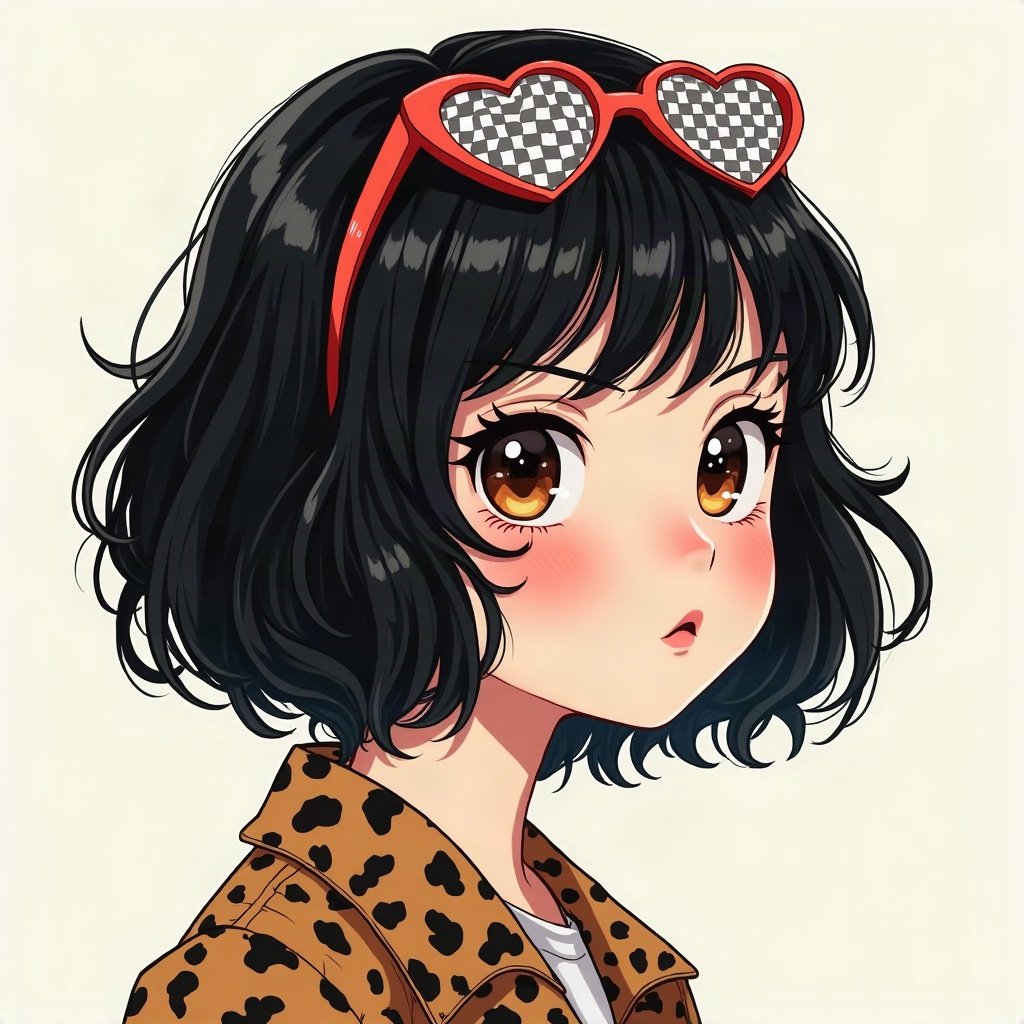 scene pfp — black hair with leopard print section, heart-shaped glasses on head, checkerboard pattern