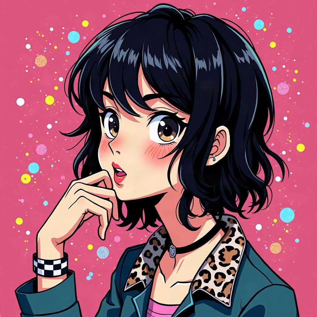 scene pfp — black hair with leopard print section, checkered wristband visible, neon splatter background