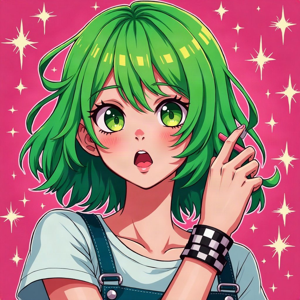 scene pfp — side-swept neon green fringe, checkered wristband visible, myspace-style sparkle background