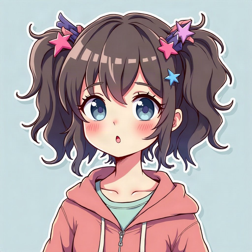 scene pfp — teased hair with pink and blue chunks, star hair clips, photo-booth strip style