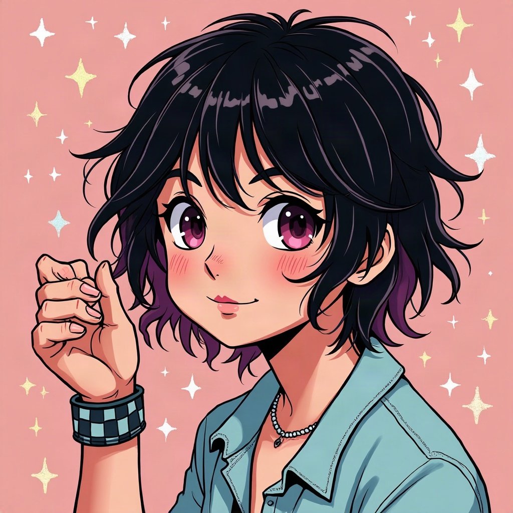 scene pfp — choppy black hair with rainbow streaks, checkered wristband visible, myspace-style sparkle background