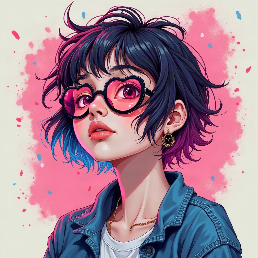 scene pfp — teased hair with pink and blue chunks, heart-shaped glasses on head, neon splatter background