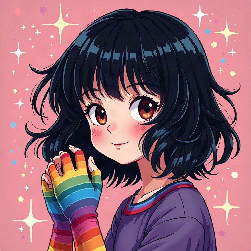 scene pfp — choppy black hair with rainbow streaks, striped fingerless gloves, myspace-style sparkle background
