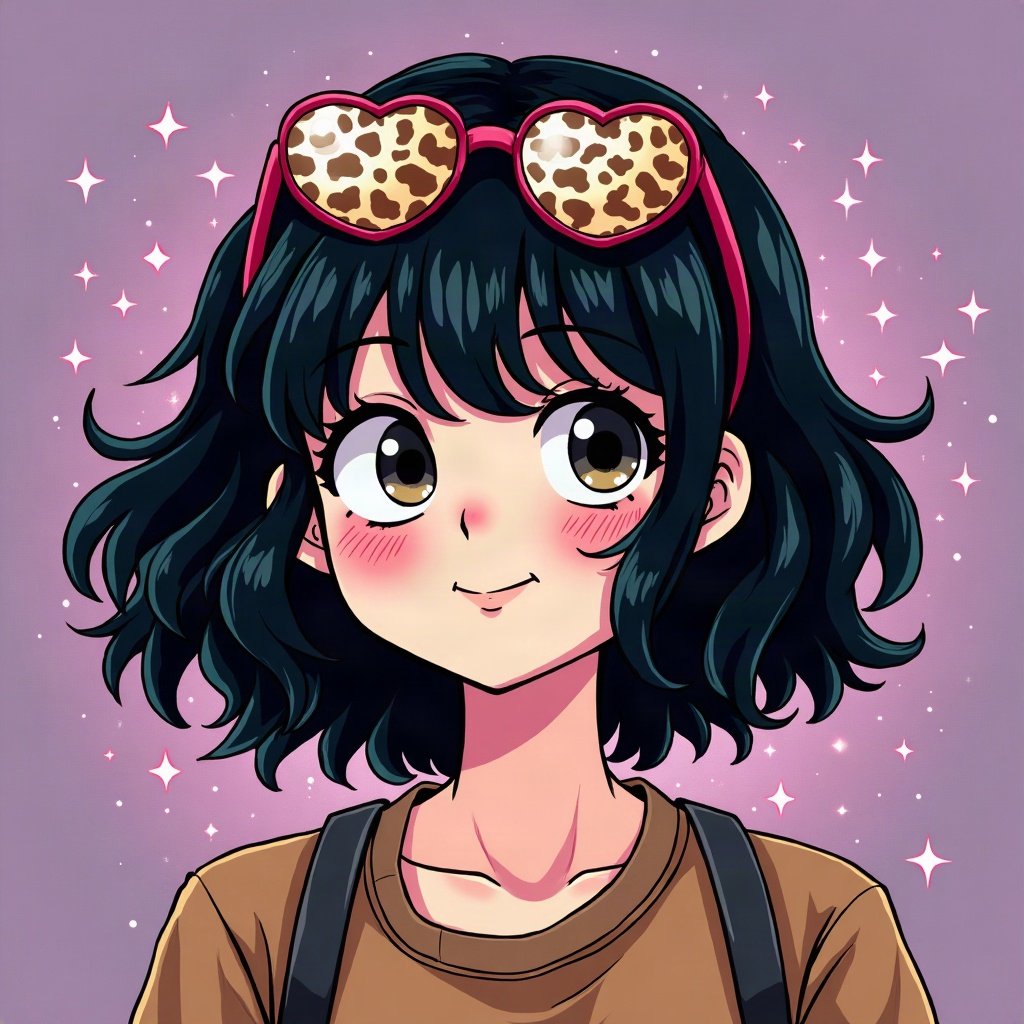 scene pfp — black hair with leopard print section, heart-shaped glasses on head, myspace-style sparkle background