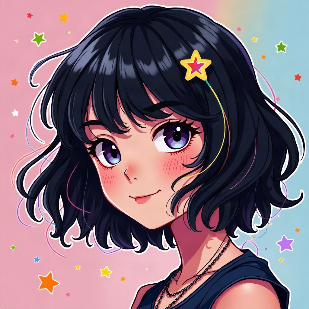 scene pfp — choppy black hair with rainbow streaks, star hair clips, myspace-style sparkle background