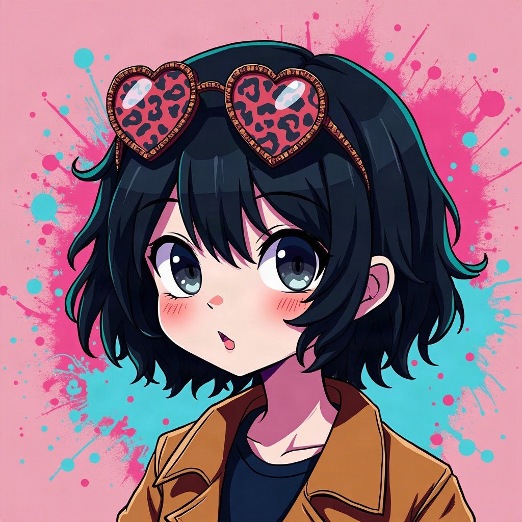 scene pfp — black hair with leopard print section, heart-shaped glasses on head, neon splatter background