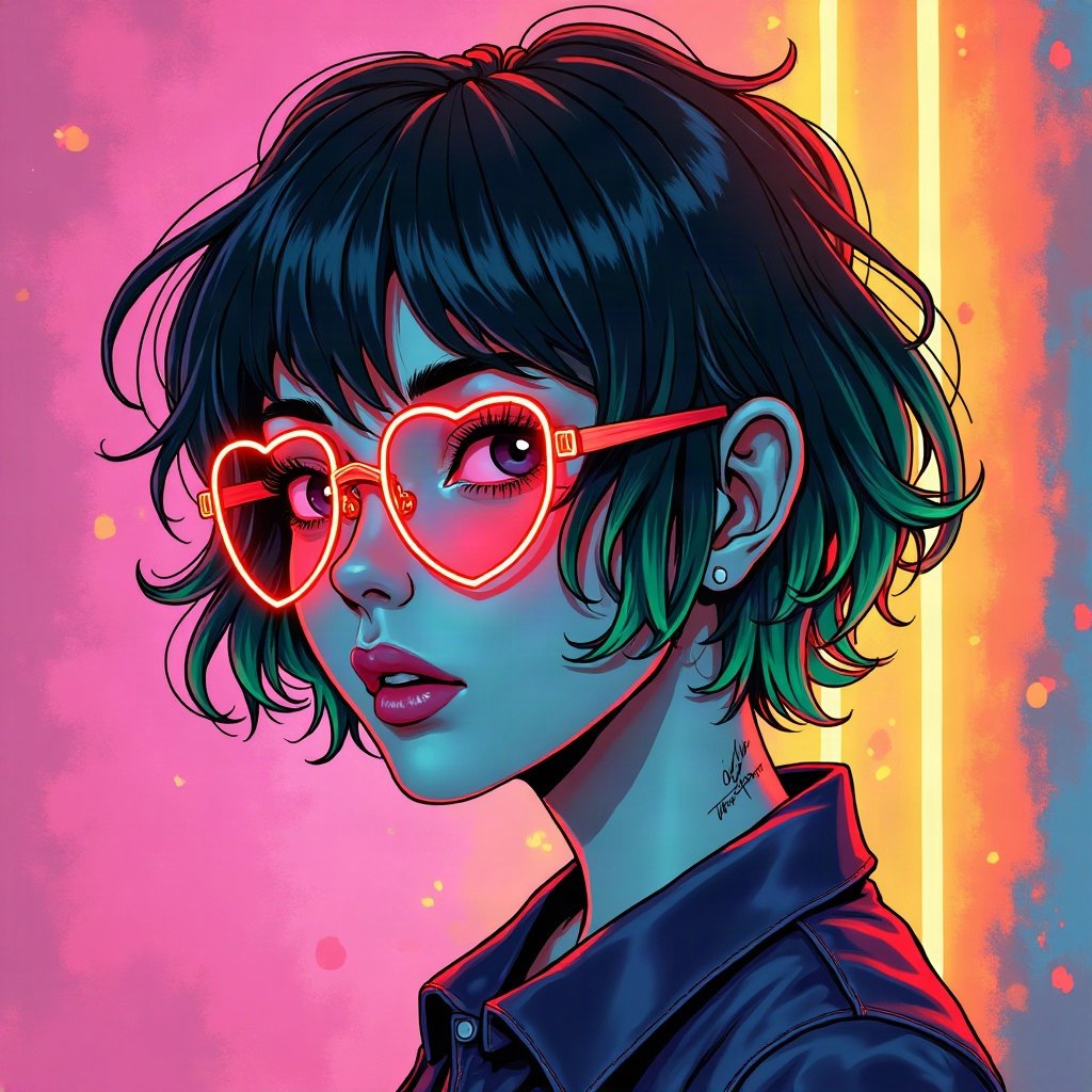 scene pfp — side-swept neon green fringe, heart-shaped glasses on head, neon splatter background