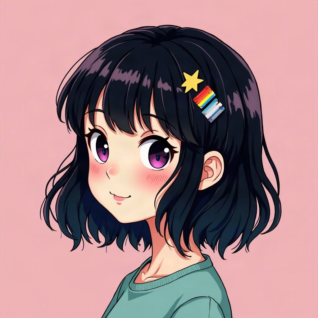 scene pfp — choppy black hair with rainbow streaks, star hair clips, photo-booth strip style