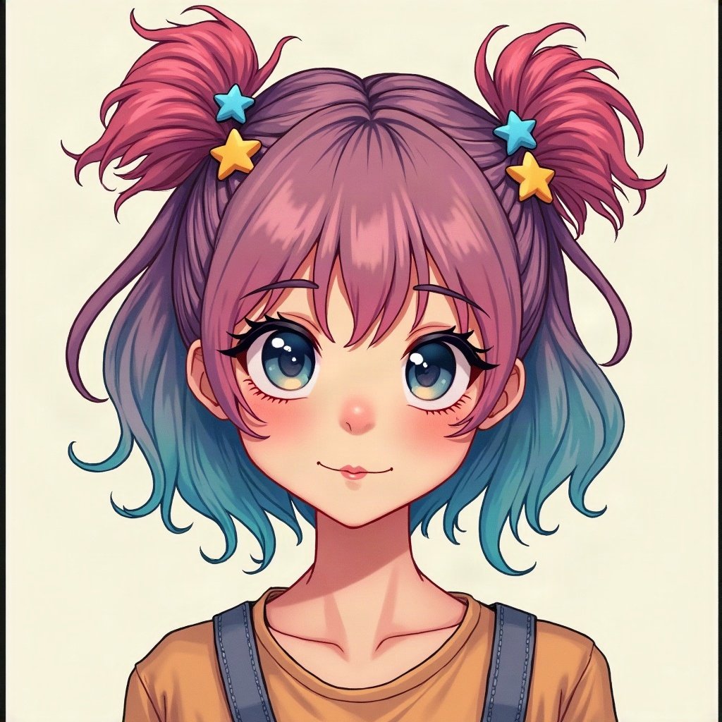 scene pfp — teased hair with pink and blue chunks, star hair clips, photo-booth strip style