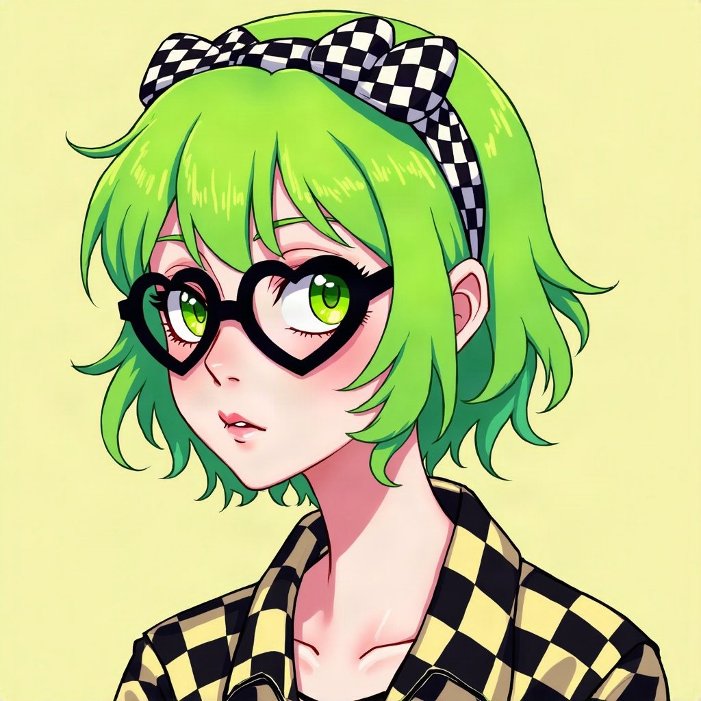 scene pfp — side-swept neon green fringe, heart-shaped glasses on head, checkerboard pattern
