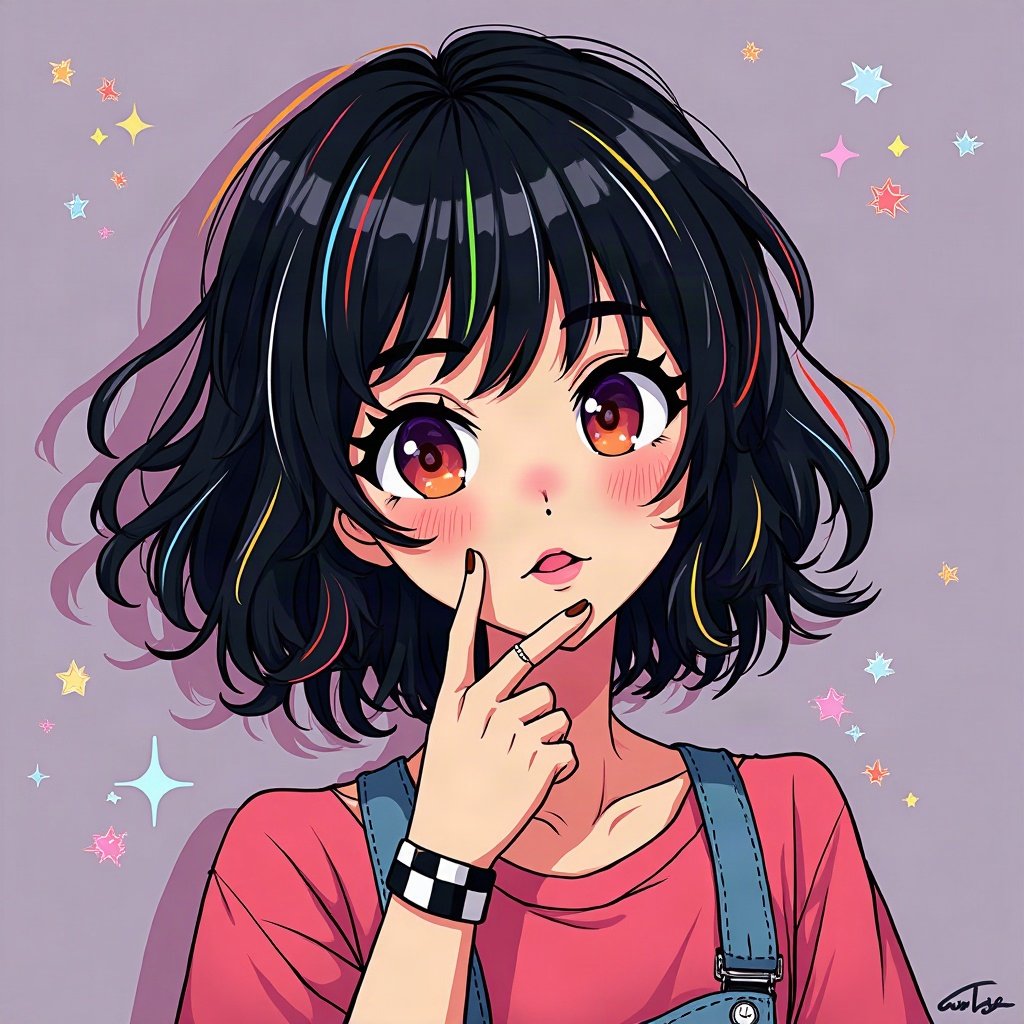 scene pfp — choppy black hair with rainbow streaks, checkered wristband visible, myspace-style sparkle background