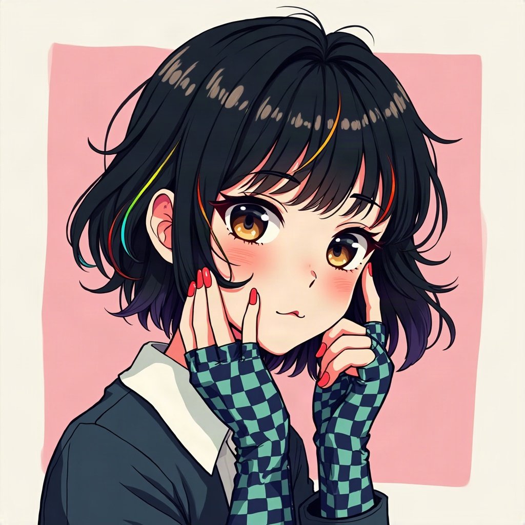 scene pfp — choppy black hair with rainbow streaks, striped fingerless gloves, checkerboard pattern