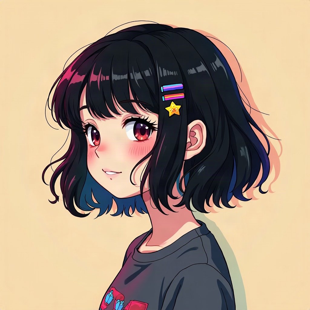 scene pfp — choppy black hair with rainbow streaks, star hair clips, photo-booth strip style