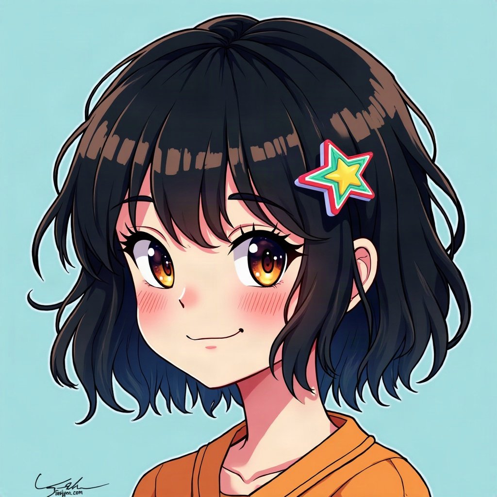 scene pfp — choppy black hair with rainbow streaks, star hair clips, photo-booth strip style