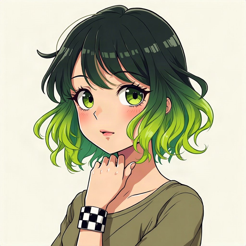 scene pfp — side-swept neon green fringe, checkered wristband visible, checkerboard pattern