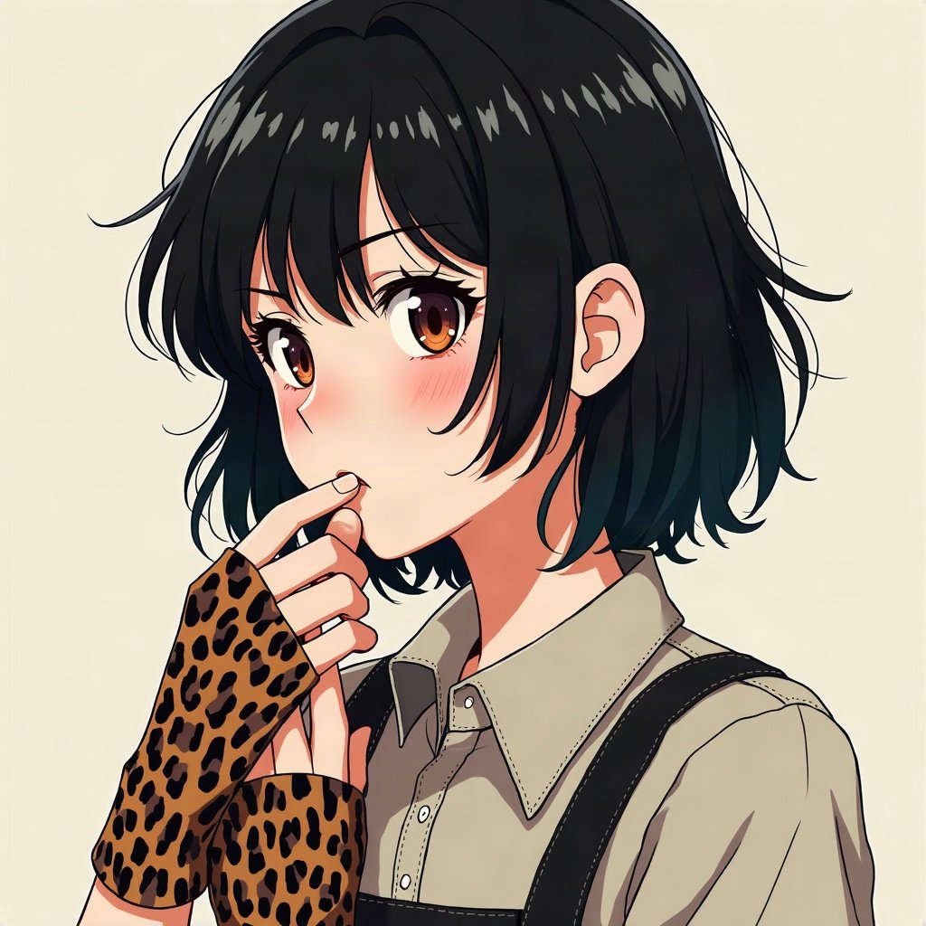 scene pfp — black hair with leopard print section, striped fingerless gloves, checkerboard pattern