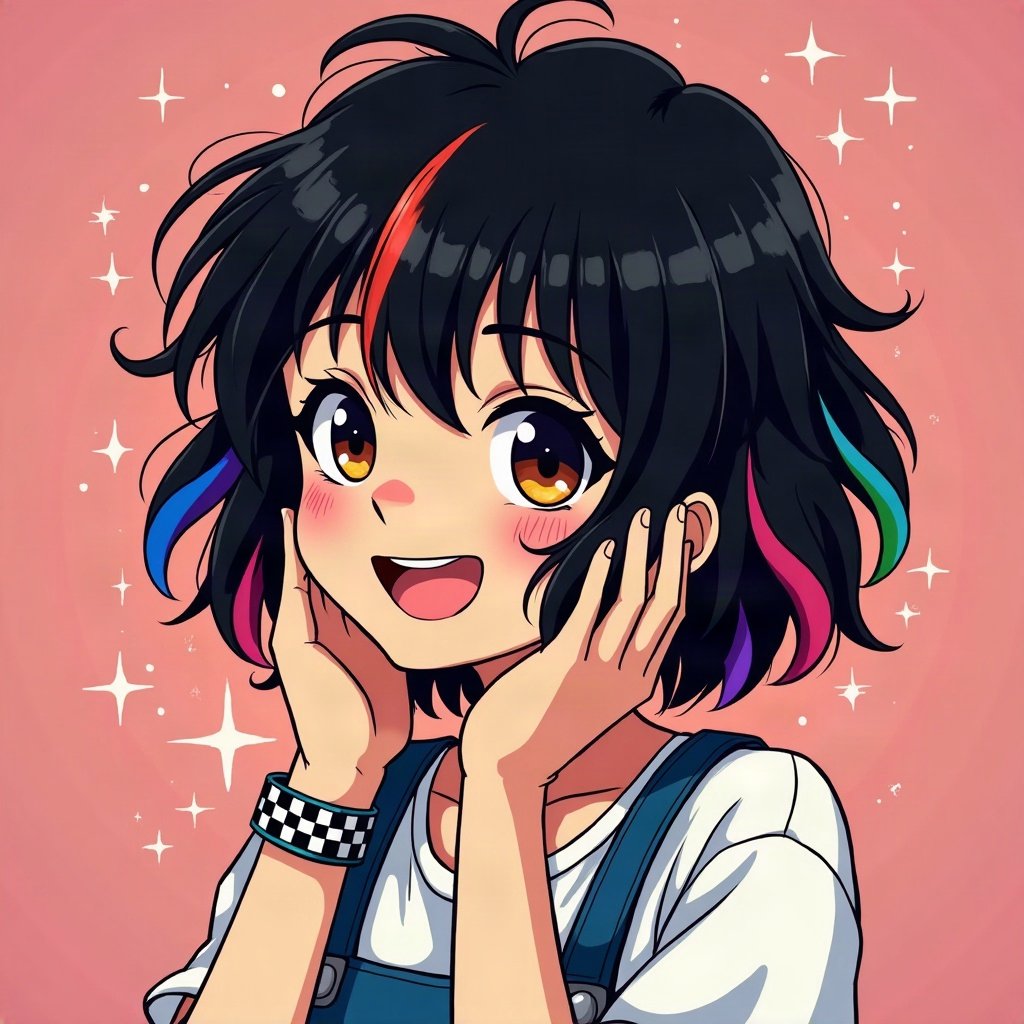 scene pfp — choppy black hair with rainbow streaks, checkered wristband visible, myspace-style sparkle background