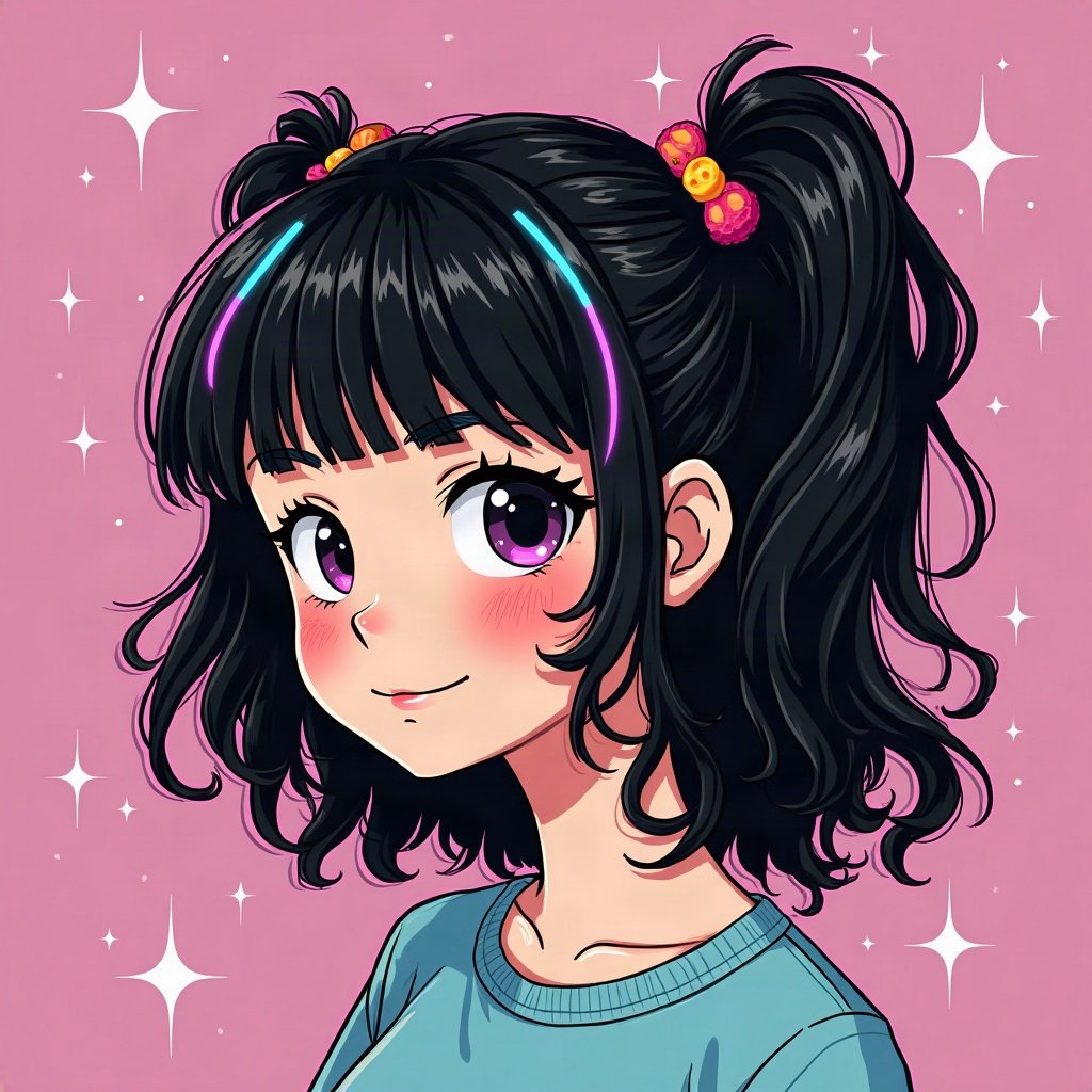 scene pfp — choppy black hair with rainbow streaks, star hair clips, myspace-style sparkle background