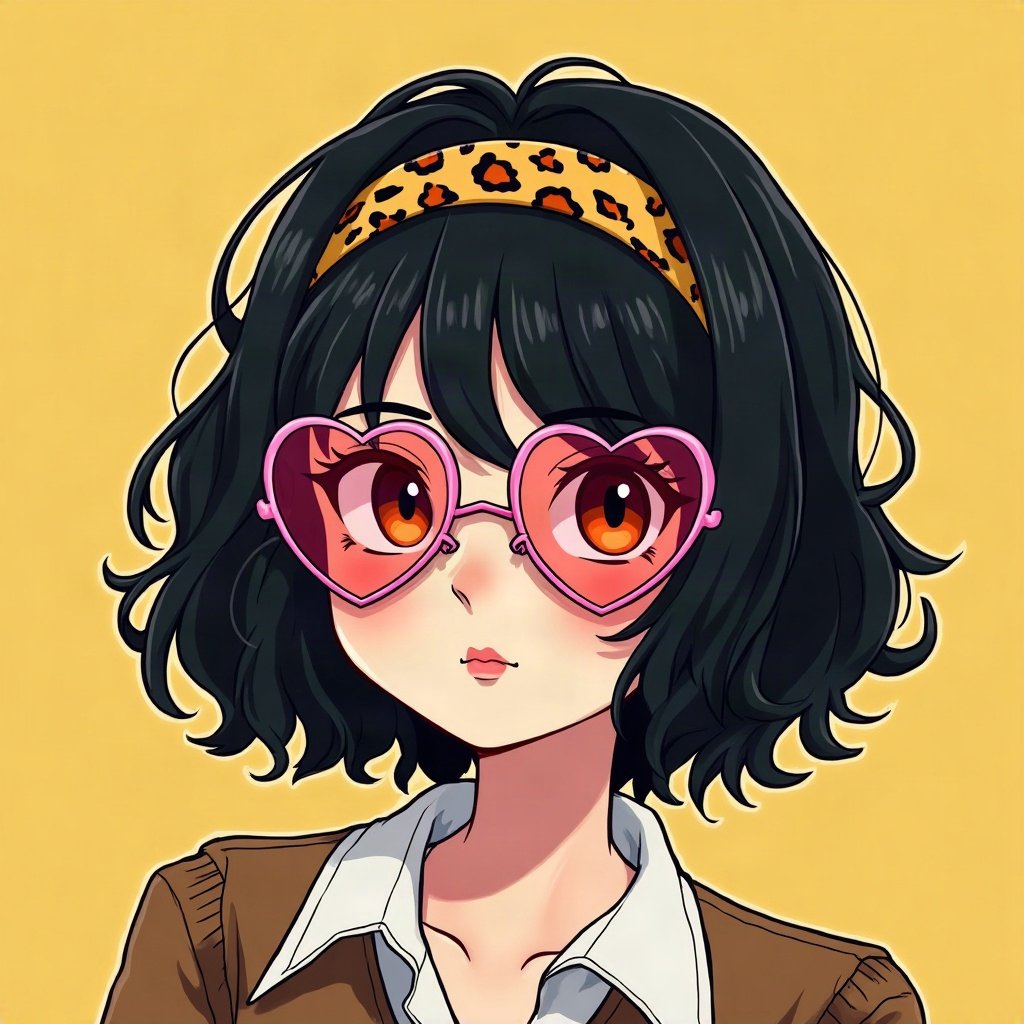 scene pfp — black hair with leopard print section, heart-shaped glasses on head, photo-booth strip style
