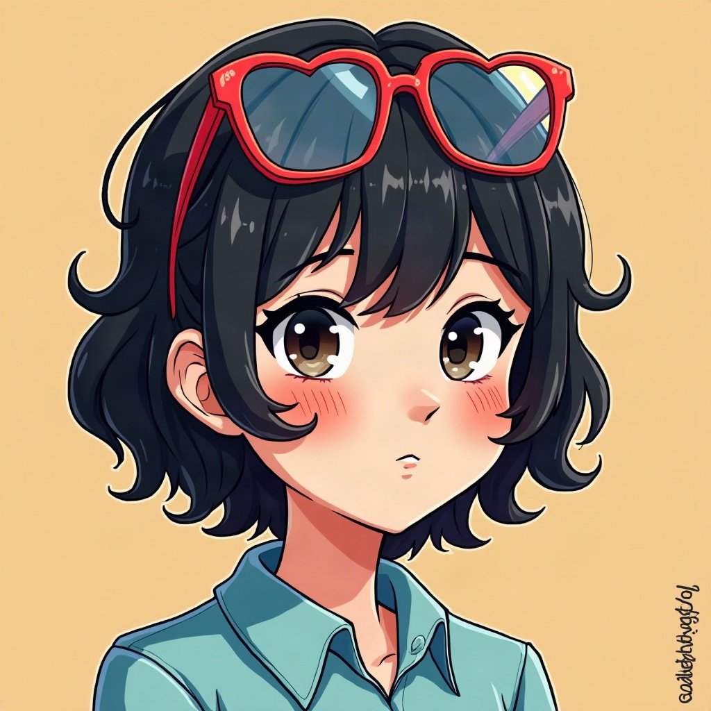 scene pfp — choppy black hair with rainbow streaks, heart-shaped glasses on head, photo-booth strip style