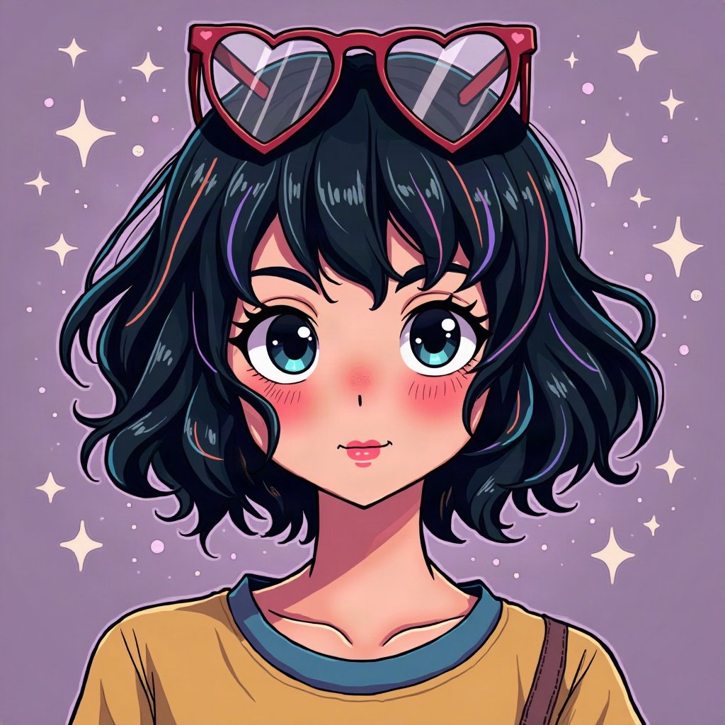 scene pfp — choppy black hair with rainbow streaks, heart-shaped glasses on head, myspace-style sparkle background