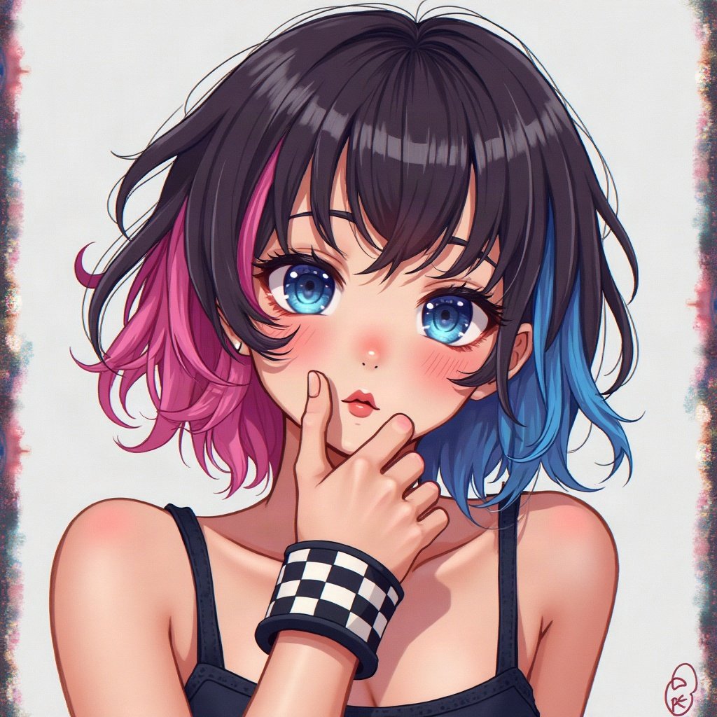 scene pfp — teased hair with pink and blue chunks, checkered wristband visible, photo-booth strip style