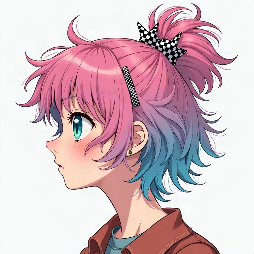 scene pfp — teased hair with pink and blue chunks, star hair clips, checkerboard pattern