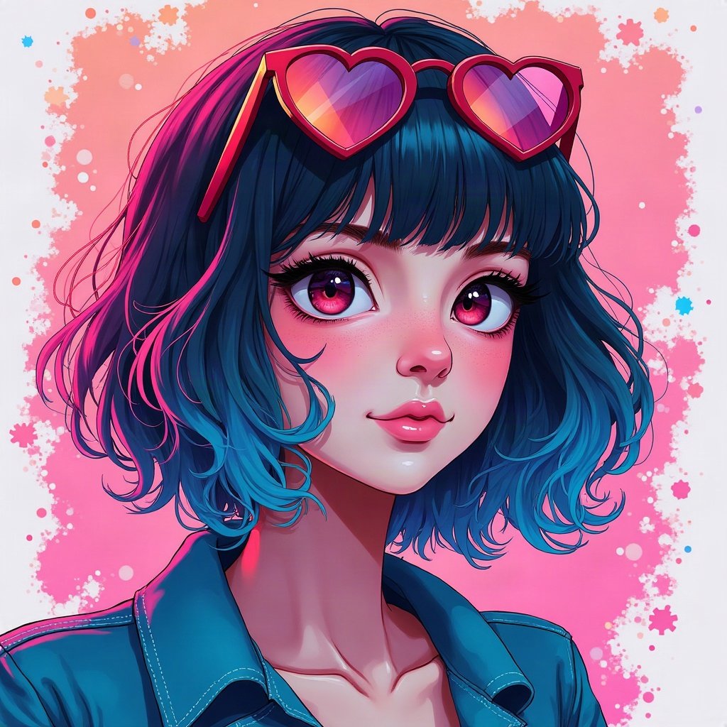 scene pfp — teased hair with pink and blue chunks, heart-shaped glasses on head, neon splatter background