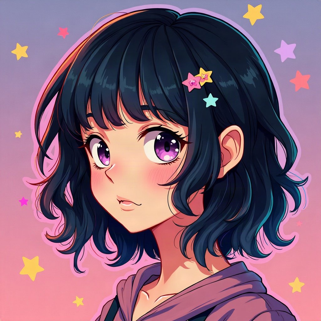 scene pfp — choppy black hair with rainbow streaks, star hair clips, myspace-style sparkle background
