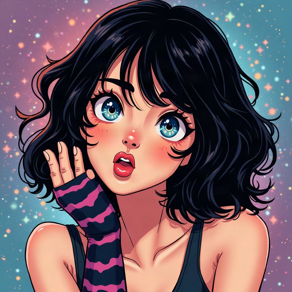 scene pfp — black hair with leopard print section, striped fingerless gloves, myspace-style sparkle background
