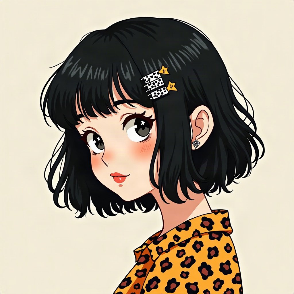 scene pfp — black hair with leopard print section, star hair clips, checkerboard pattern
