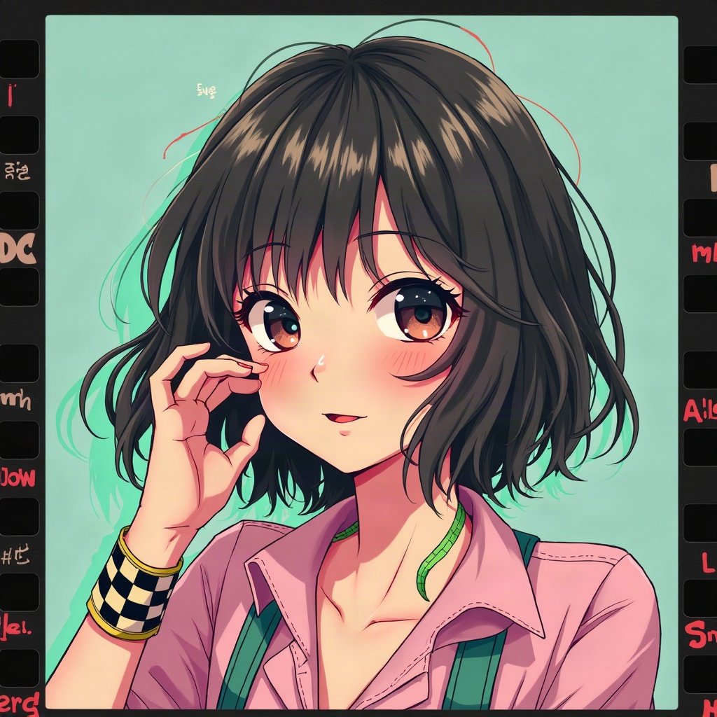 scene pfp — side-swept neon green fringe, checkered wristband visible, photo-booth strip style