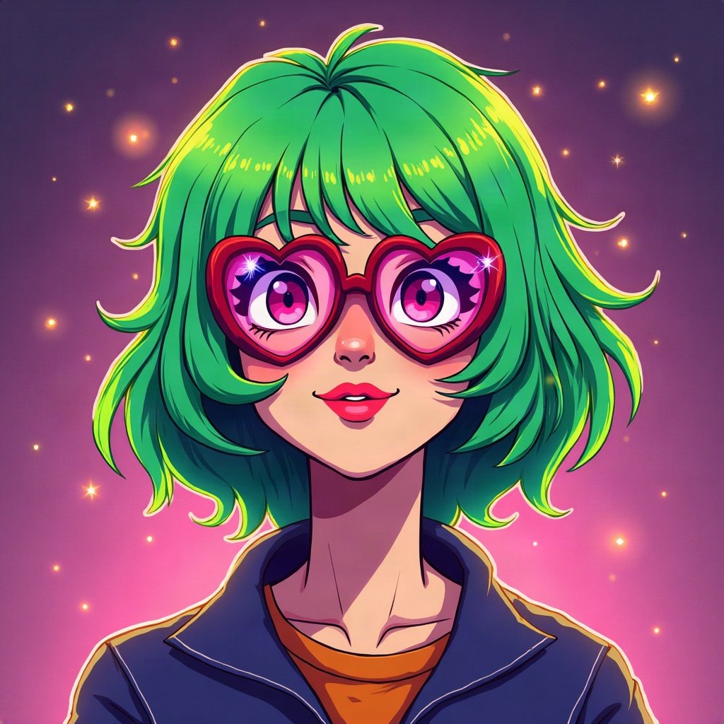 scene pfp — side-swept neon green fringe, heart-shaped glasses on head, myspace-style sparkle background