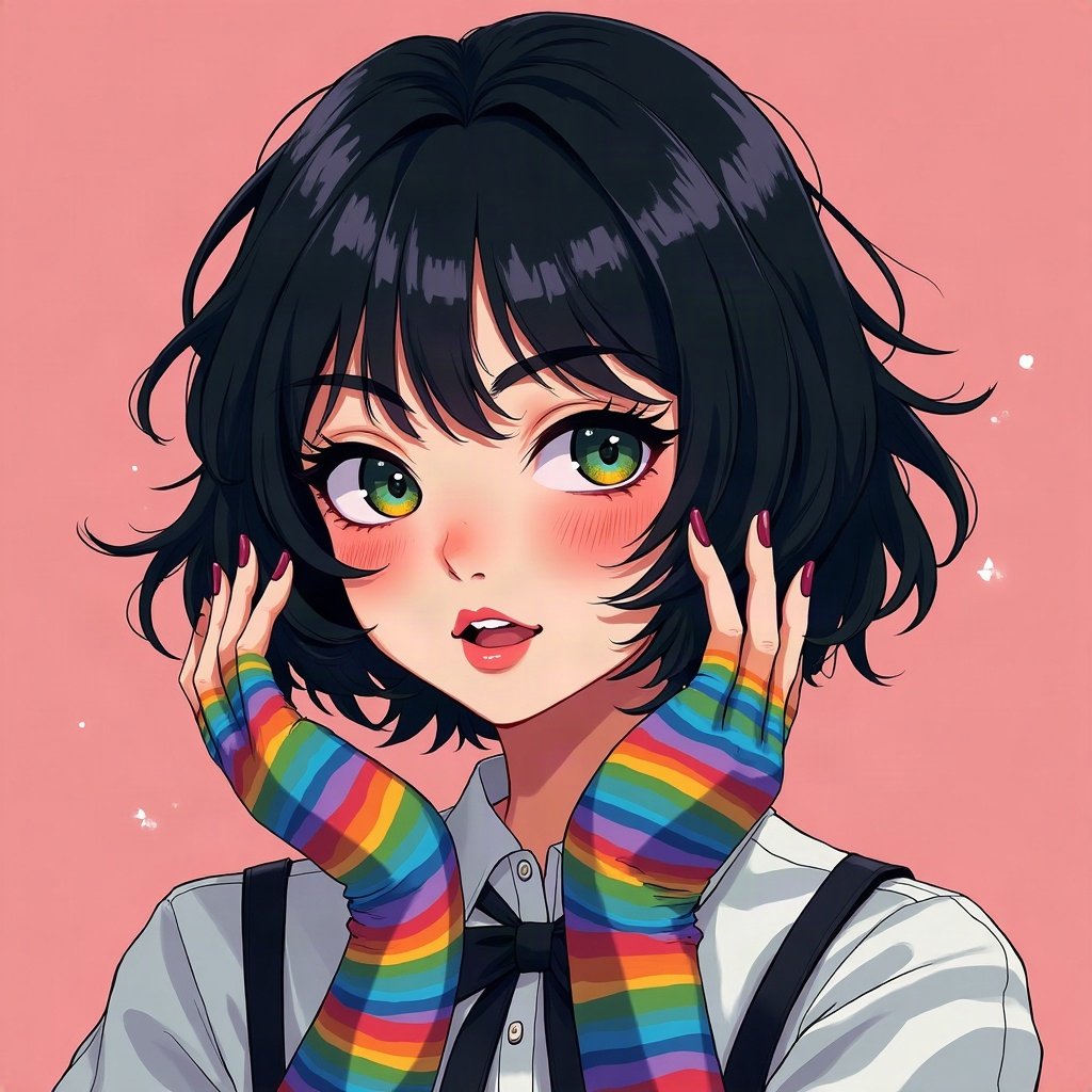 scene pfp — choppy black hair with rainbow streaks, striped fingerless gloves, photo-booth strip style