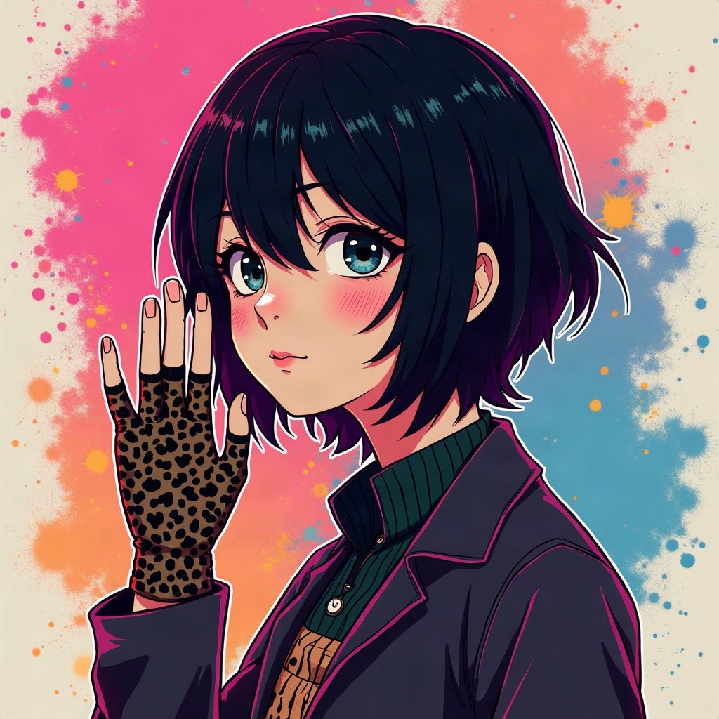 scene pfp — black hair with leopard print section, striped fingerless gloves, neon splatter background