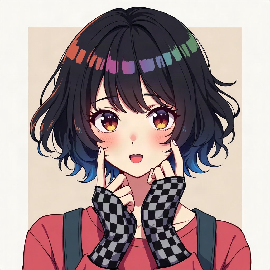 scene pfp — choppy black hair with rainbow streaks, striped fingerless gloves, checkerboard pattern