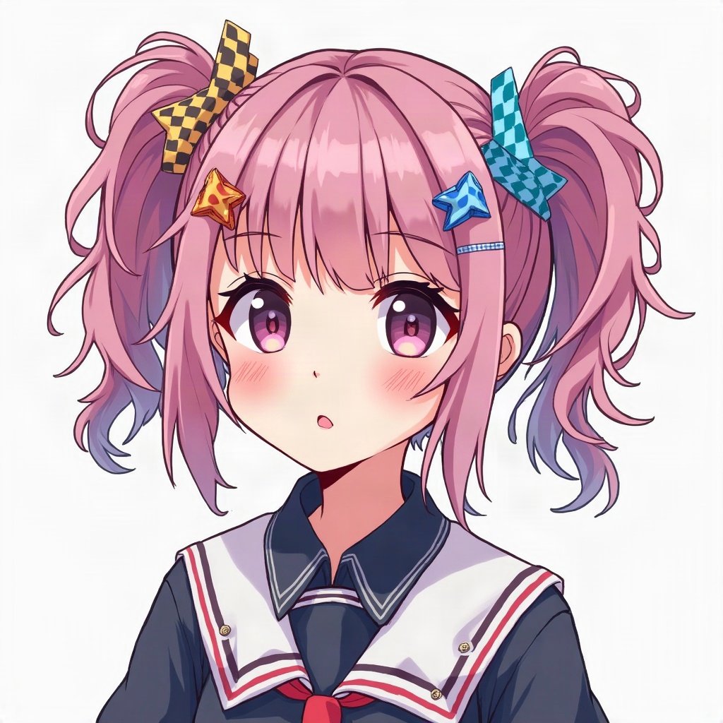 scene pfp — teased hair with pink and blue chunks, star hair clips, checkerboard pattern