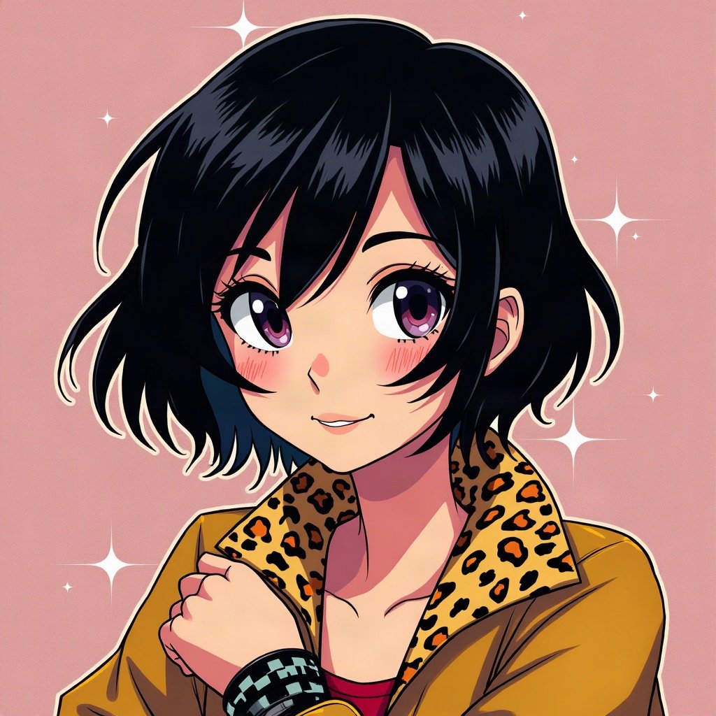 scene pfp — black hair with leopard print section, checkered wristband visible, myspace-style sparkle background