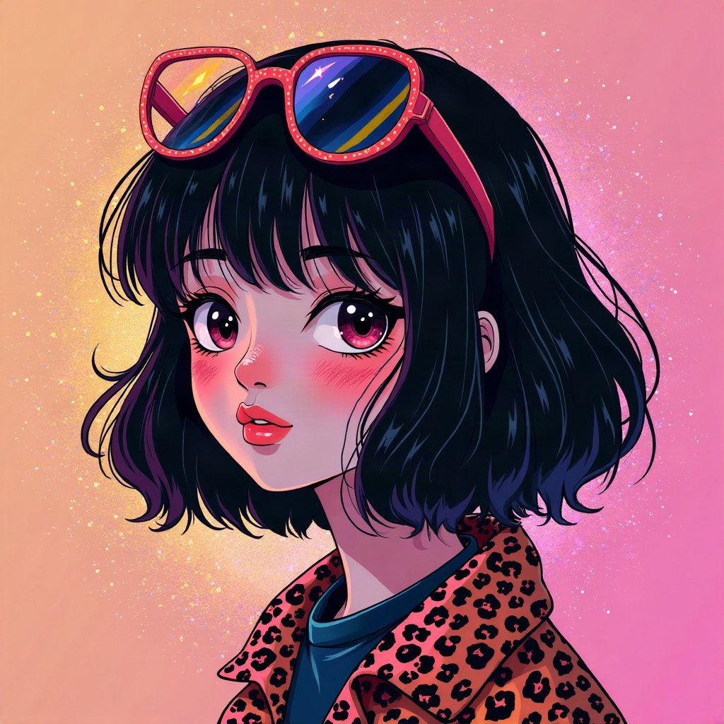 scene pfp — black hair with leopard print section, heart-shaped glasses on head, neon splatter background