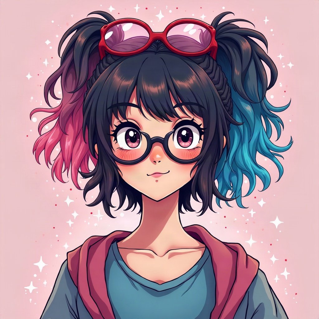 scene pfp — teased hair with pink and blue chunks, heart-shaped glasses on head, myspace-style sparkle background