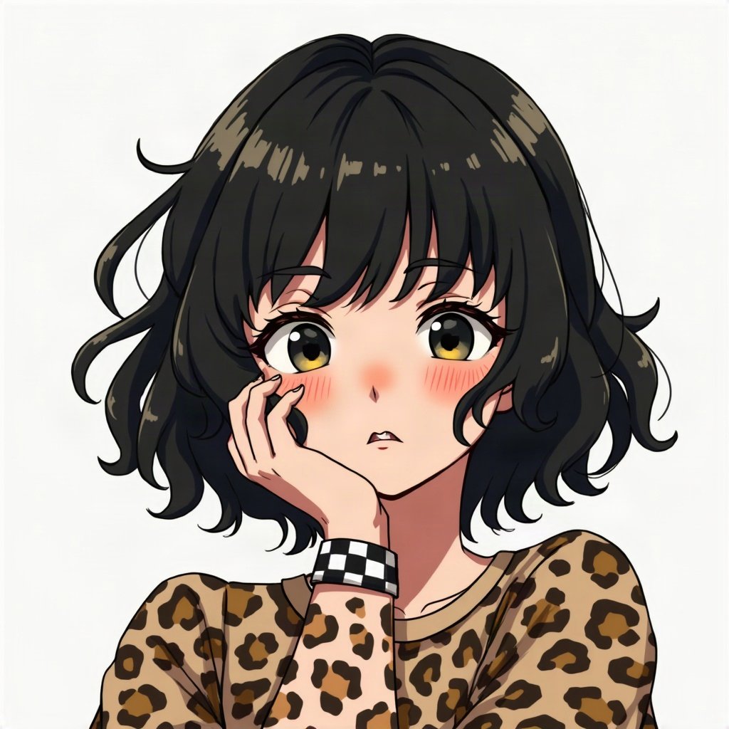 scene pfp — black hair with leopard print section, checkered wristband visible, checkerboard pattern