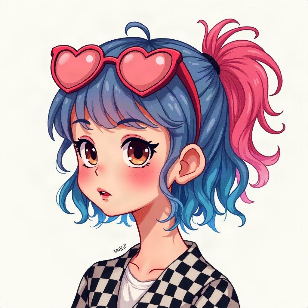 scene pfp — teased hair with pink and blue chunks, heart-shaped glasses on head, checkerboard pattern
