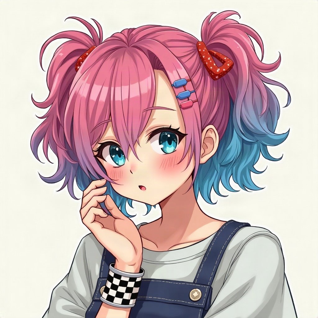 scene pfp — teased hair with pink and blue chunks, checkered wristband visible, checkerboard pattern