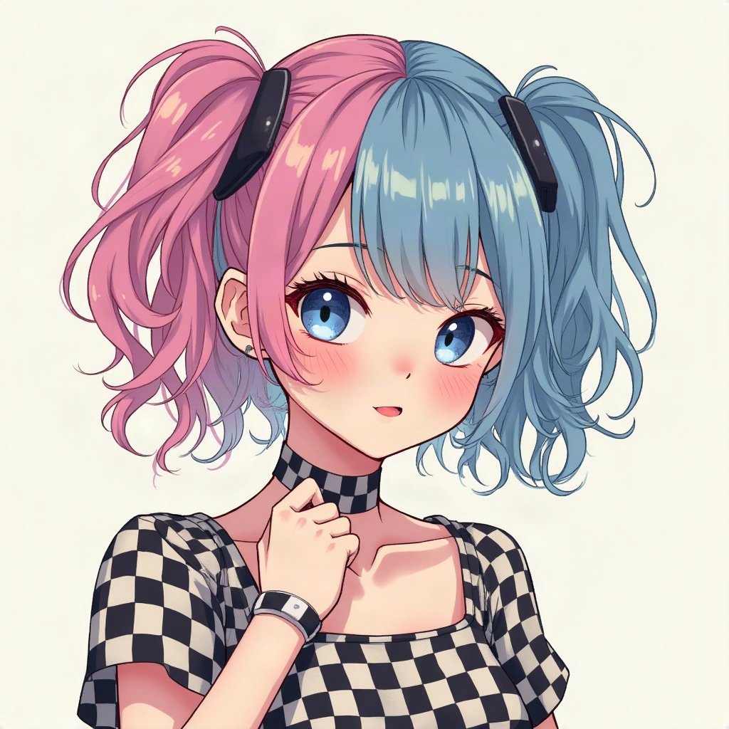 scene pfp — teased hair with pink and blue chunks, checkered wristband visible, checkerboard pattern