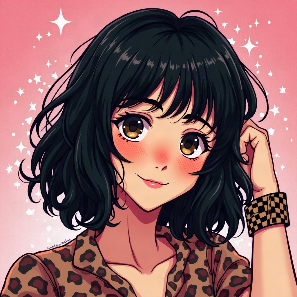 scene pfp — black hair with leopard print section, checkered wristband visible, myspace-style sparkle background