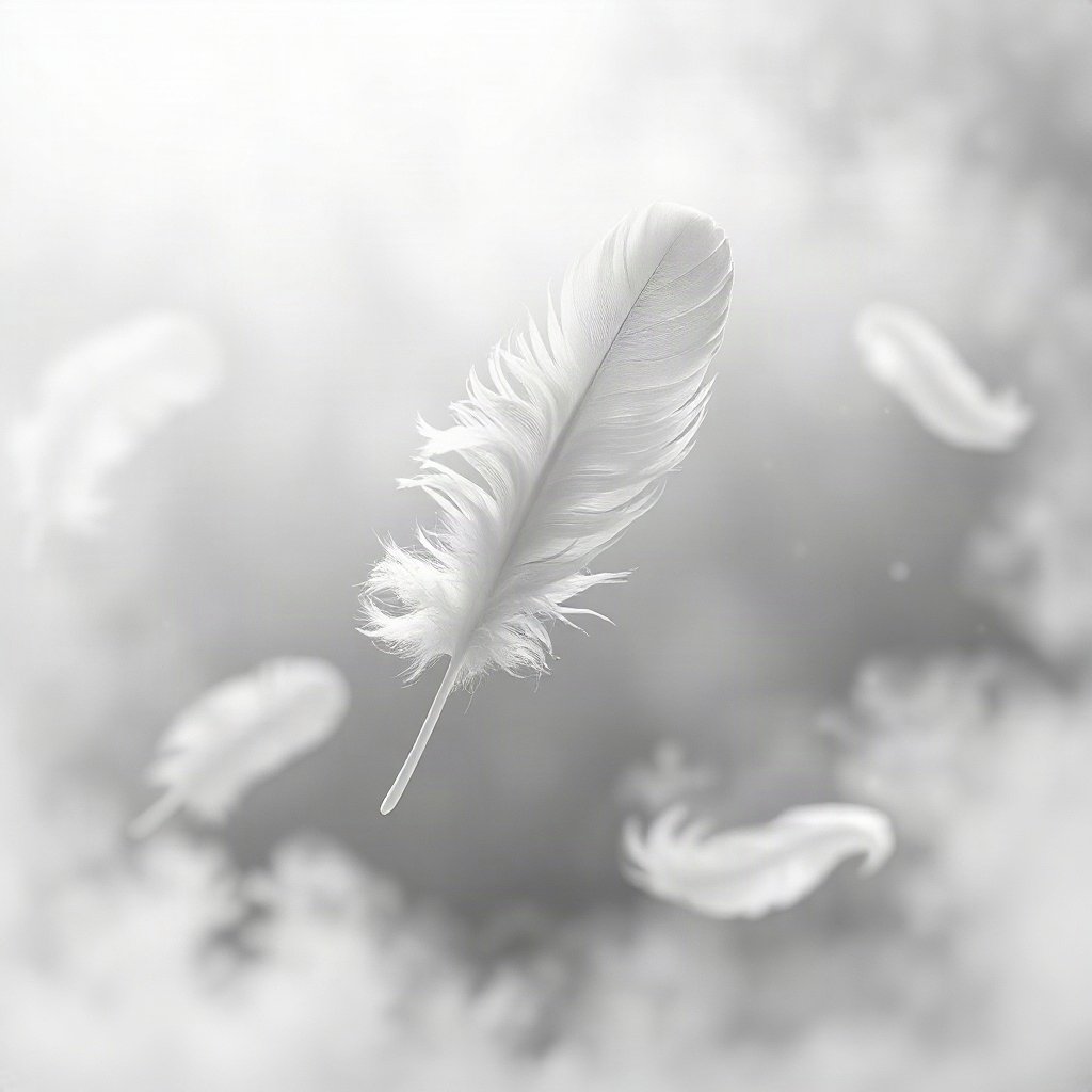 White PFPs — feather floating, cinematic photo style, misty atmosphere