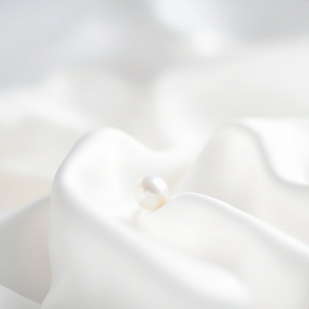 White PFPs — pearl on silk, cinematic photo style, gentle bokeh