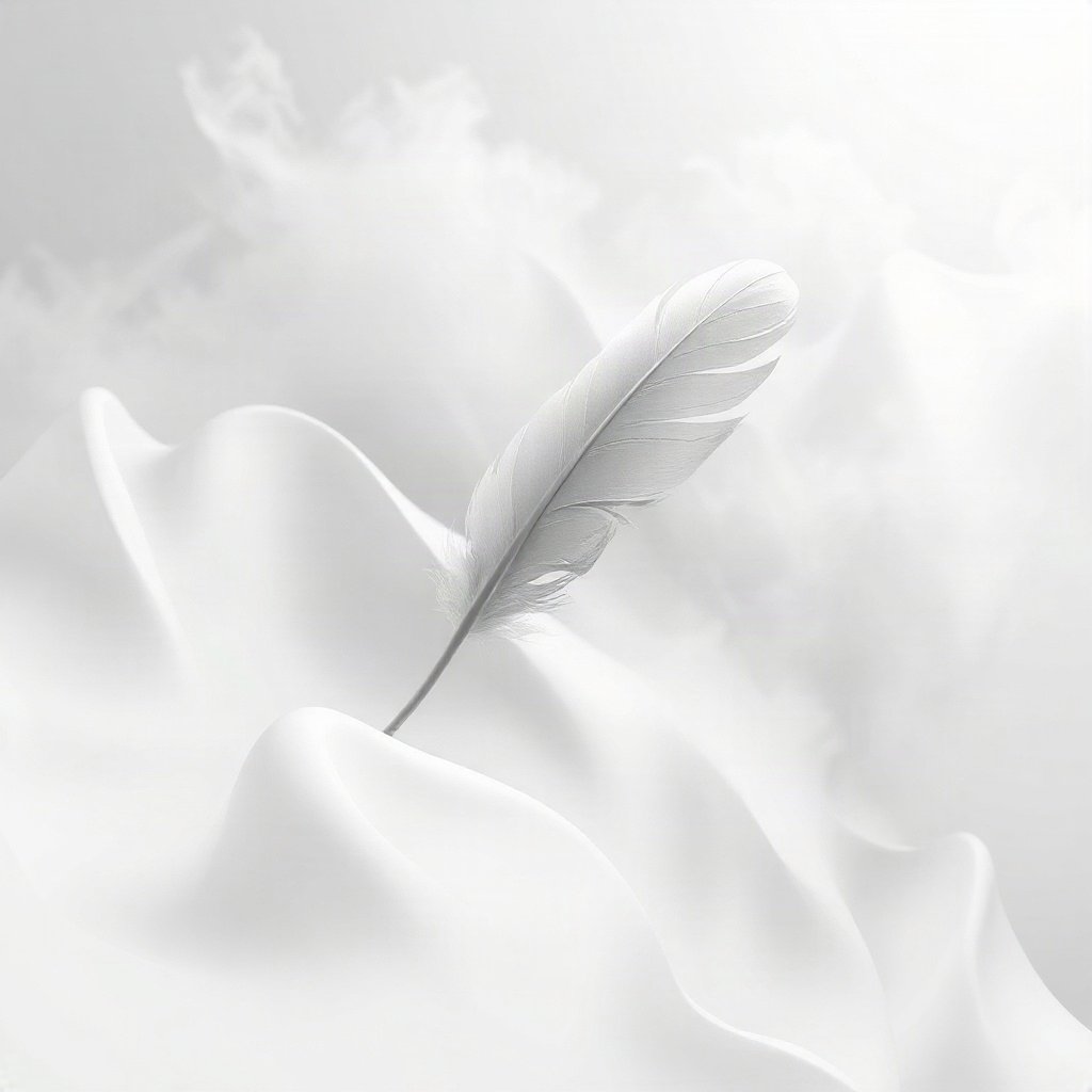 White PFPs — feather floating, soft 3d render, misty atmosphere